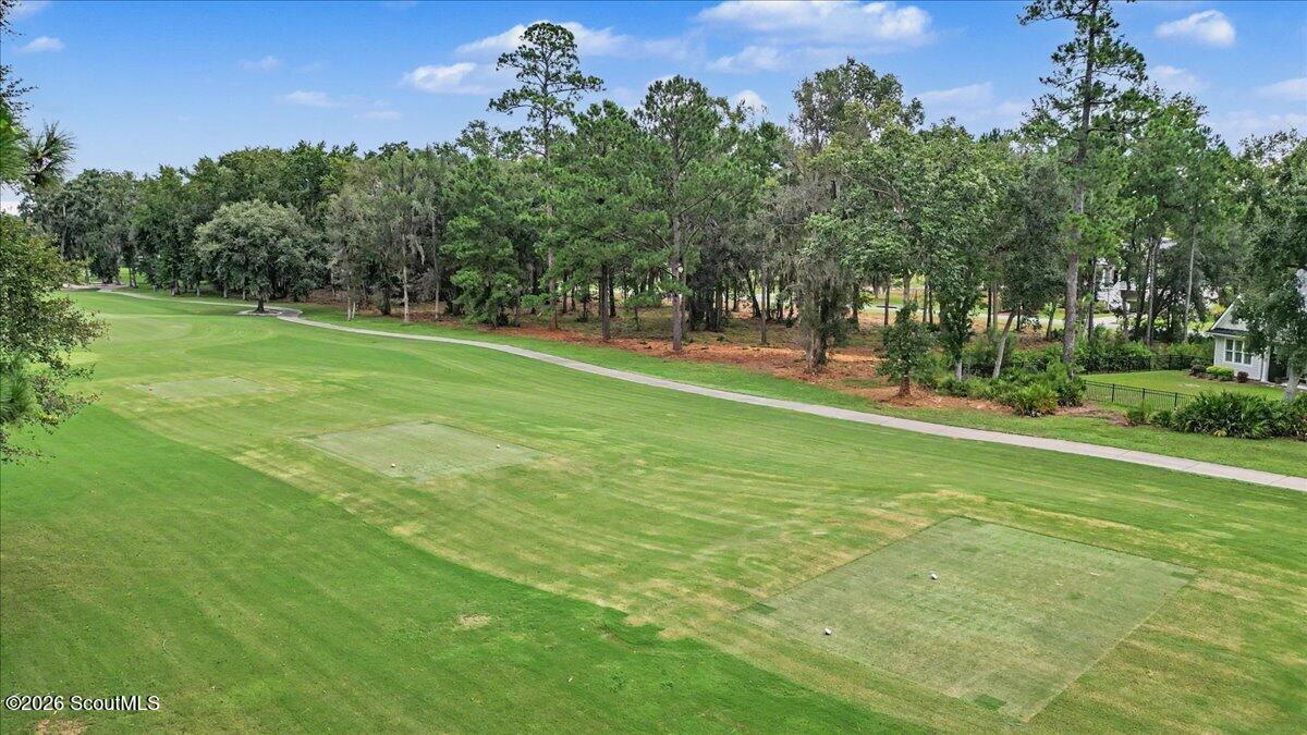 Aerial view of a broad golf-course green bordered by trees and a paved path.
