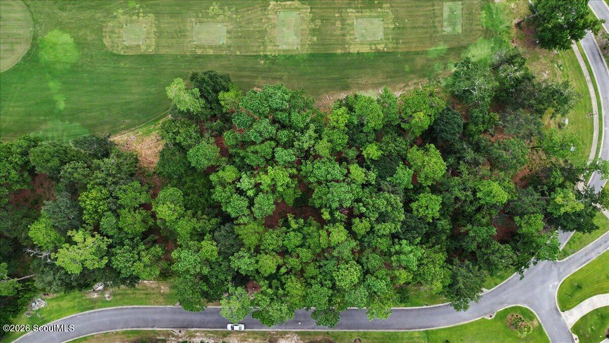 Aerial view of a wooded lot bordered by paved roads and open grassy land.