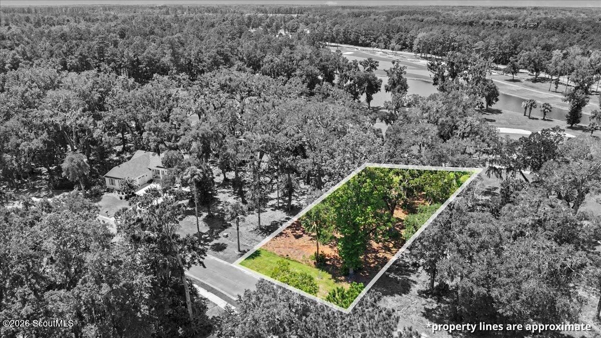 Wooded lot outlined beside a paved road, with a golf course and water nearby.