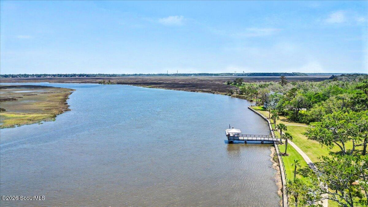 Aerial view of a tidal creek and marsh, with a covered dock along a landscaped, tree-lined shore.