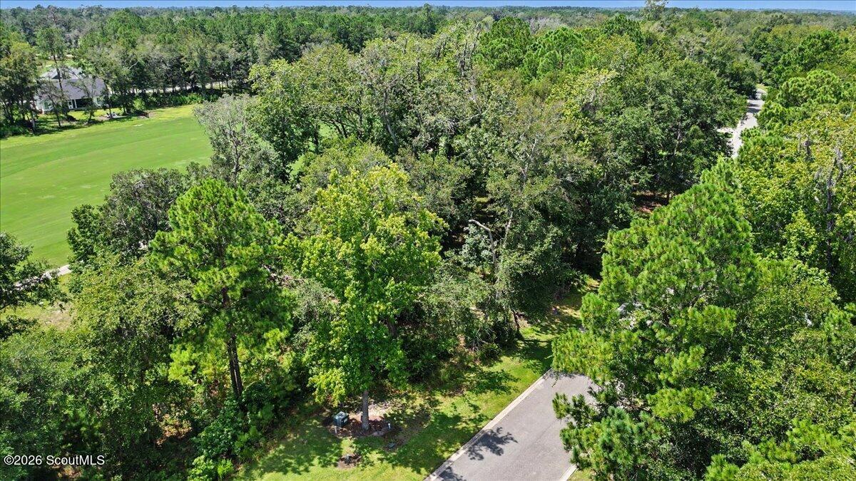 Aerial view of a wooded lot beside a paved road and manicured green.
