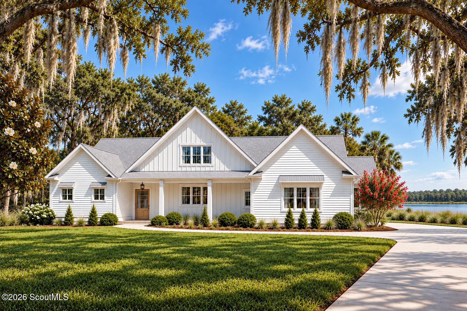 White gabled house with a landscaped lawn and lake visible beside it.