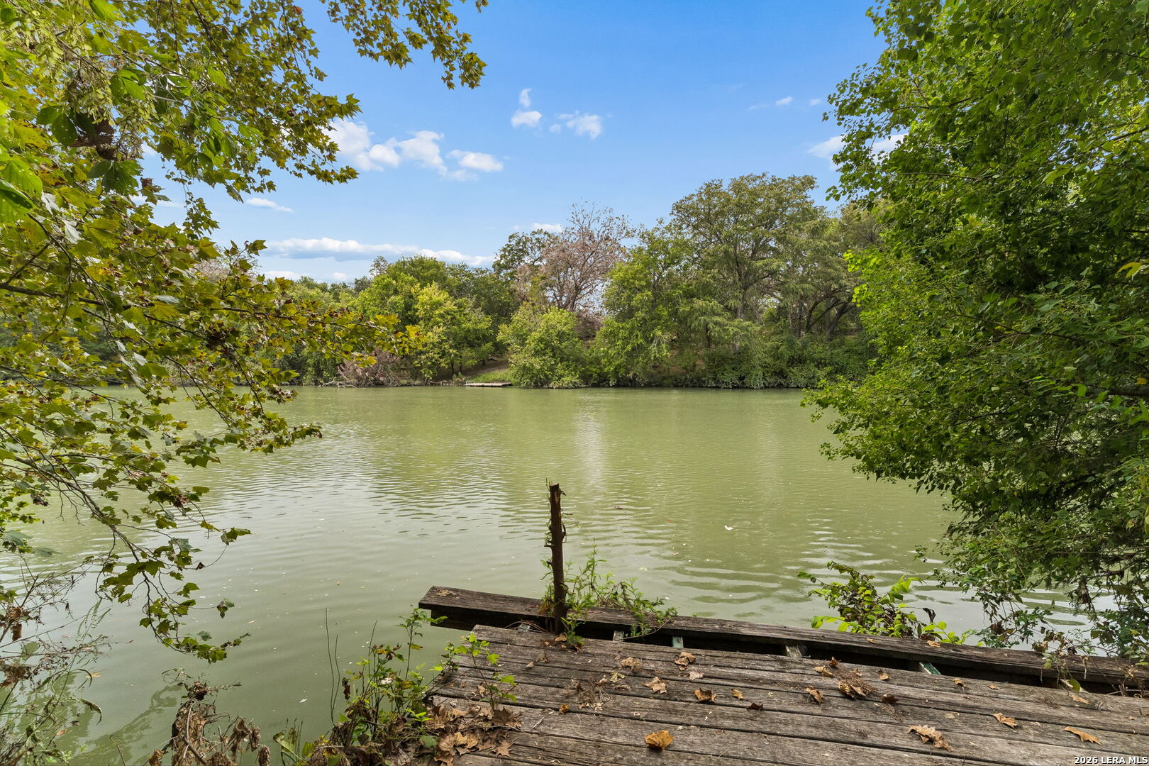 Tree-lined river viewed from a weathered wooden dock.