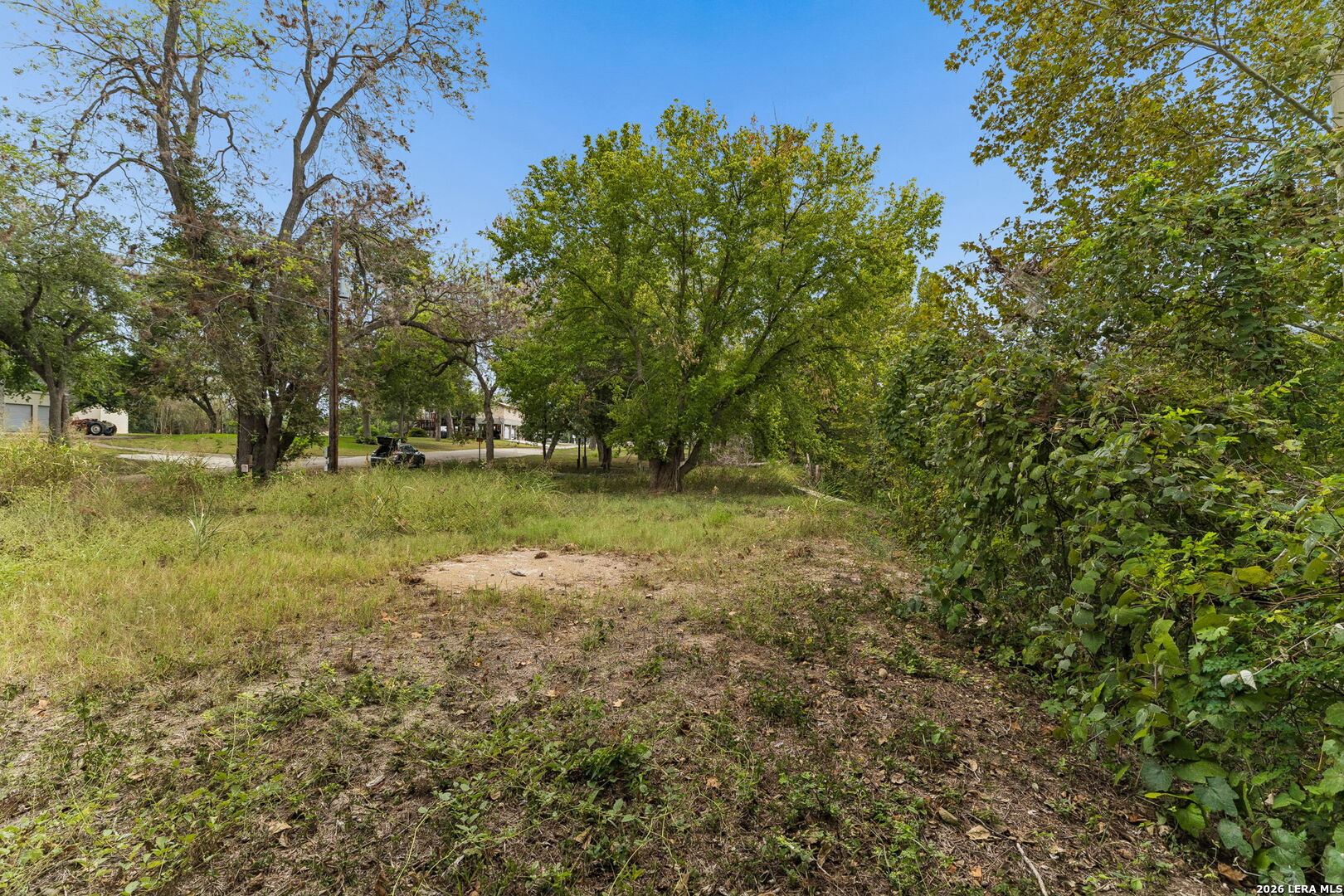 Vacant wooded lot with grassy clearing, mature trees, and nearby homes.