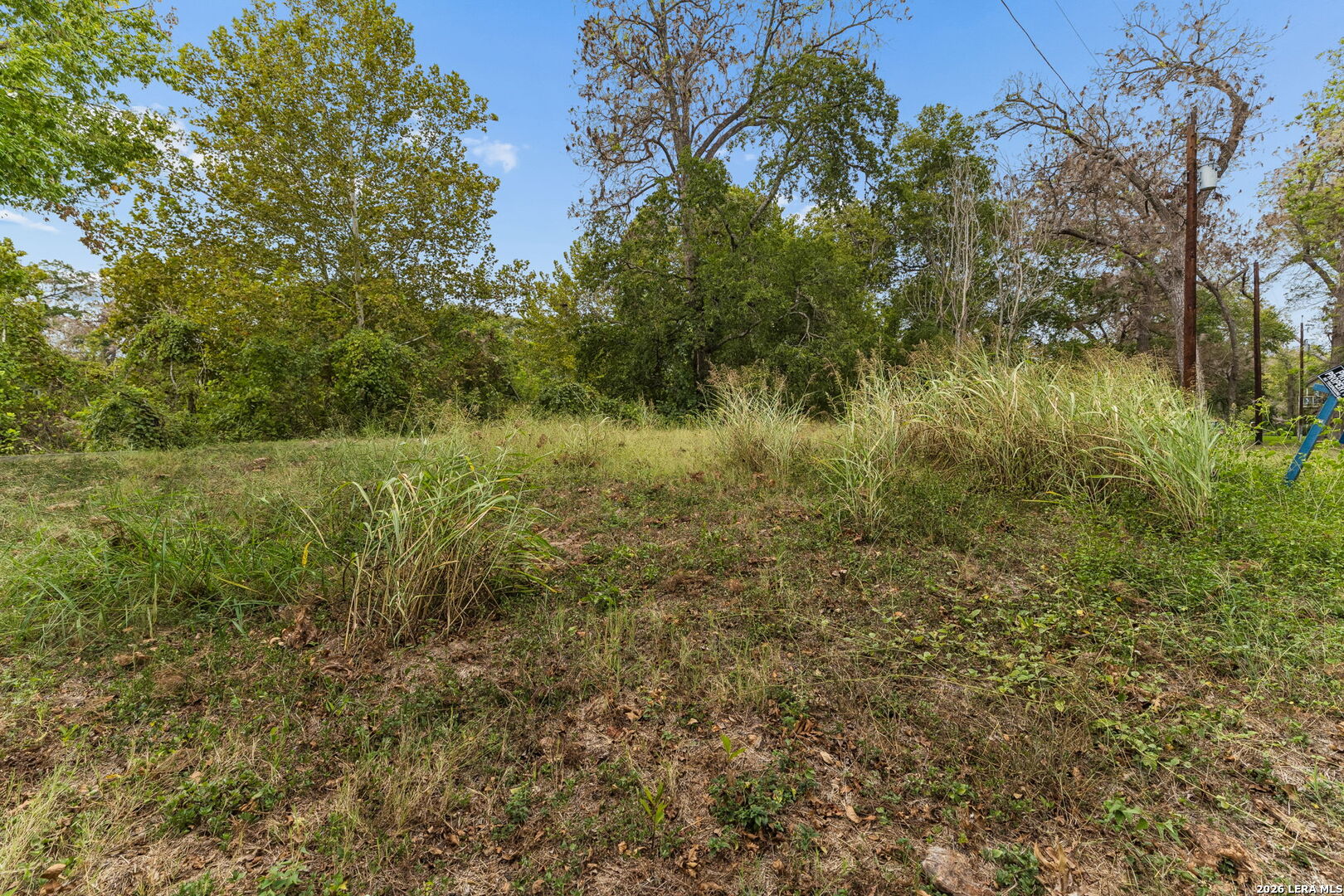 Wooded vacant lot with a grassy clearing, mature trees, and a real estate sign.