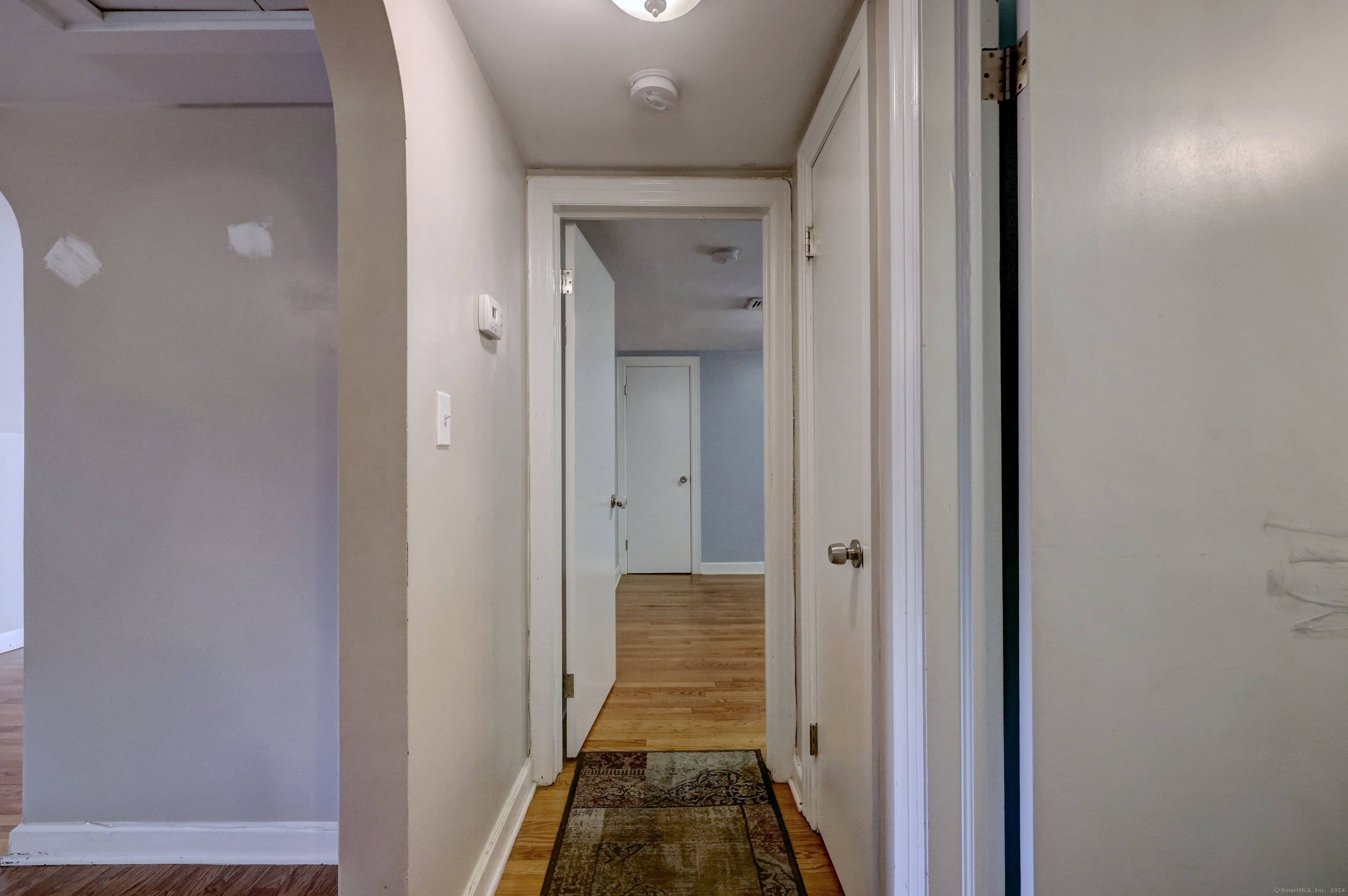 Hallway with light wood floors, multiple doorways, and a patterned runner rug.
