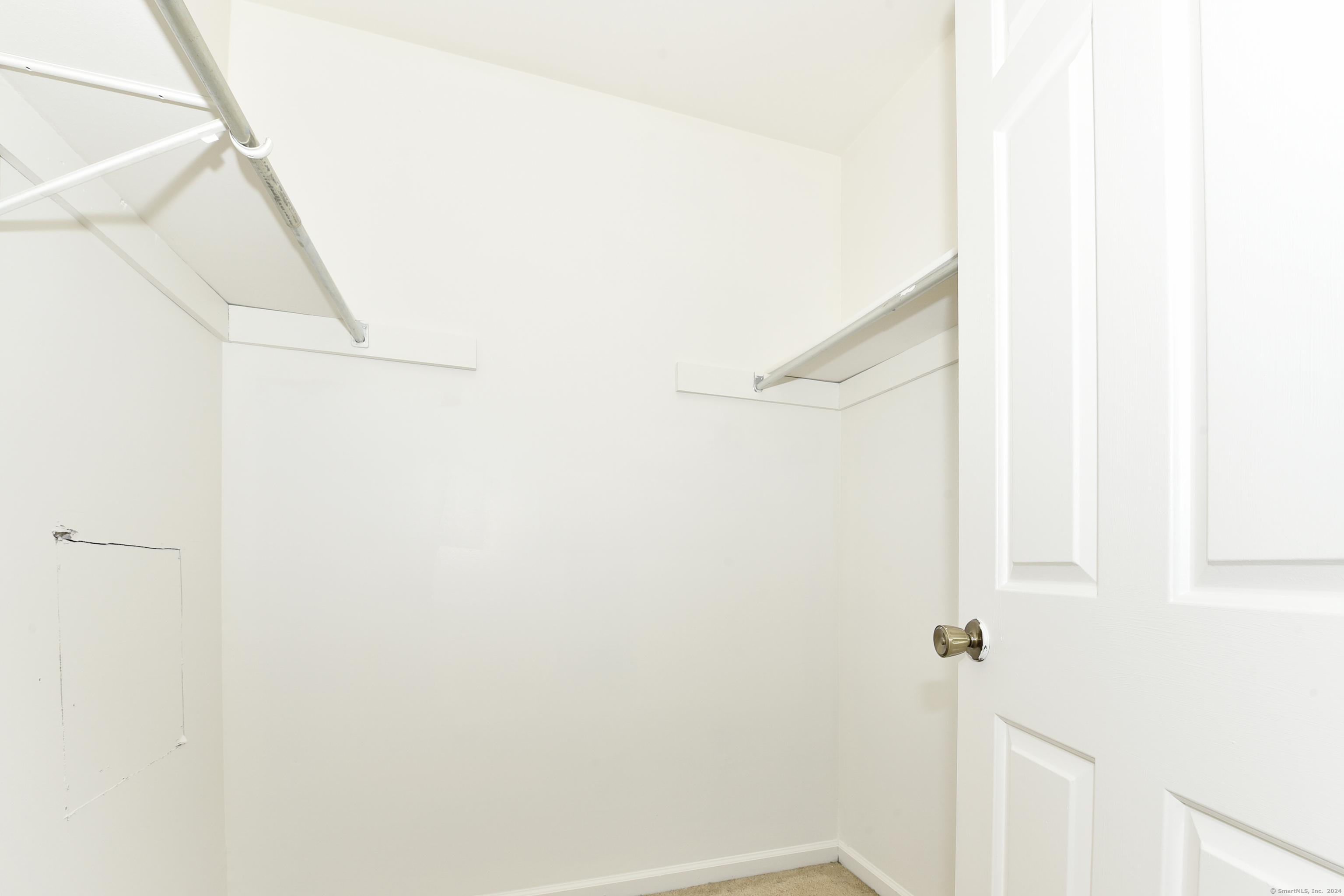 Empty walk-in closet with hanging rods, upper shelves, beige carpet, and an open paneled door.
