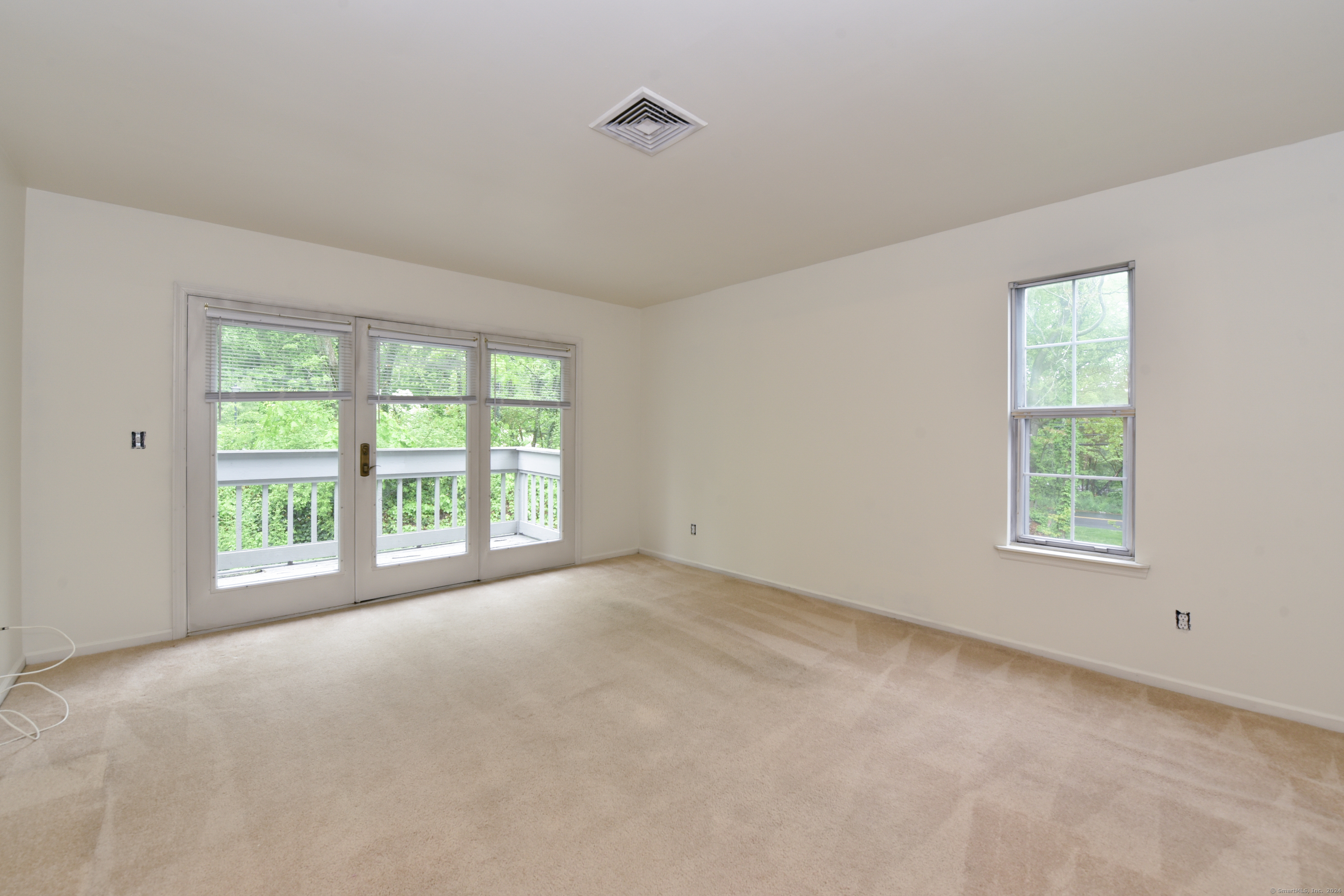 Empty carpeted room with glass balcony doors and a separate window overlooking greenery.