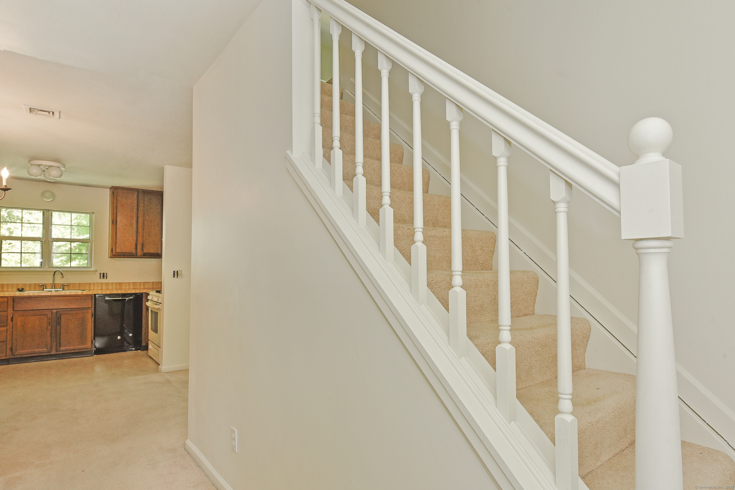 Carpeted staircase with white railing beside a compact kitchen with wood cabinets and appliances.