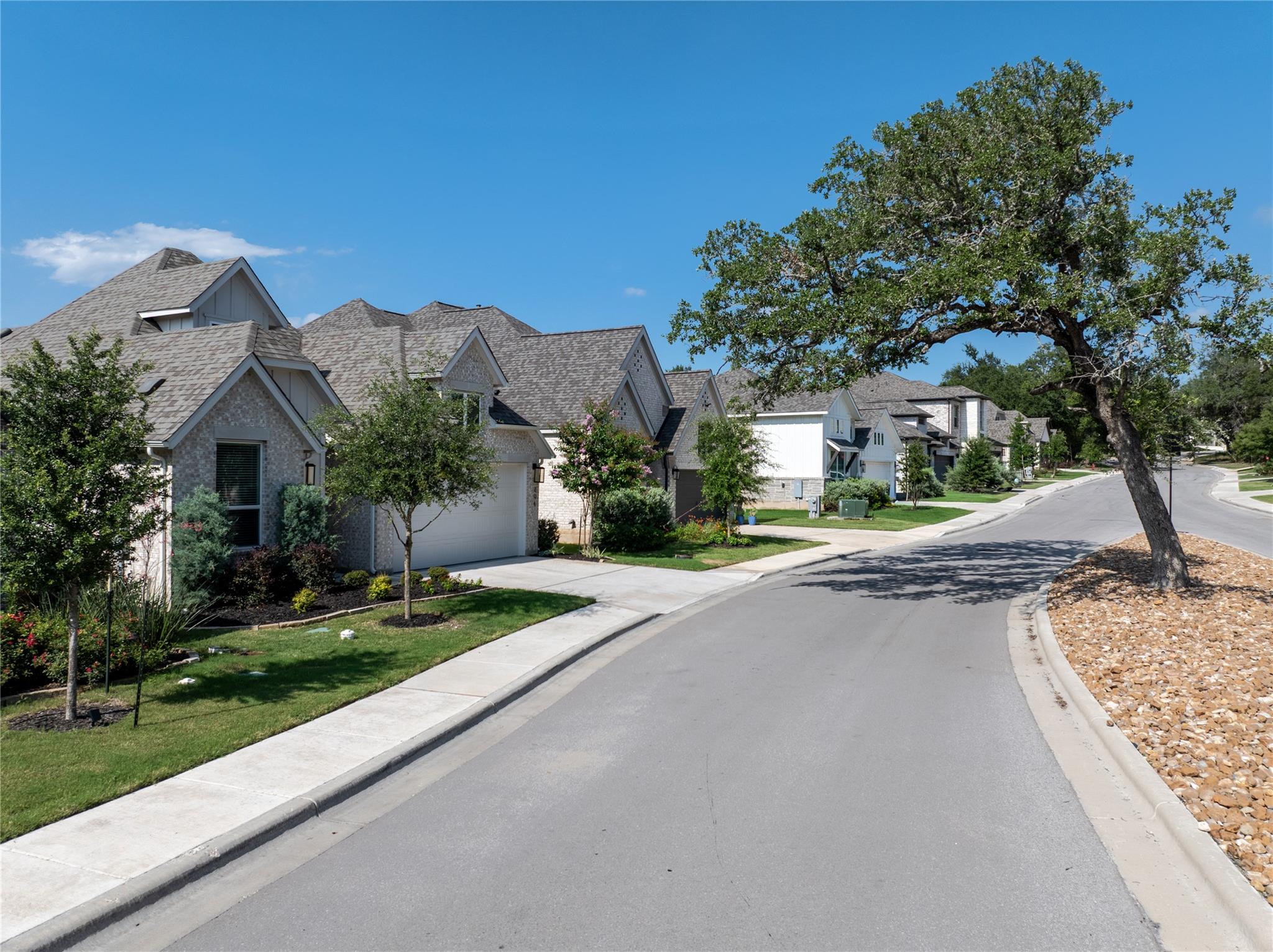 Residential street lined with gabled homes, landscaped lawns, and a large oak tree.