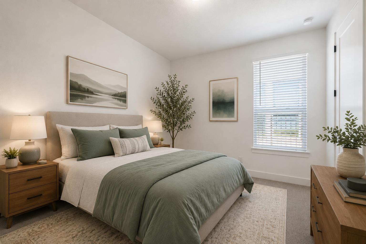 Staged bedroom with a sage green bedspread, matching pillows, and a window with blinds.