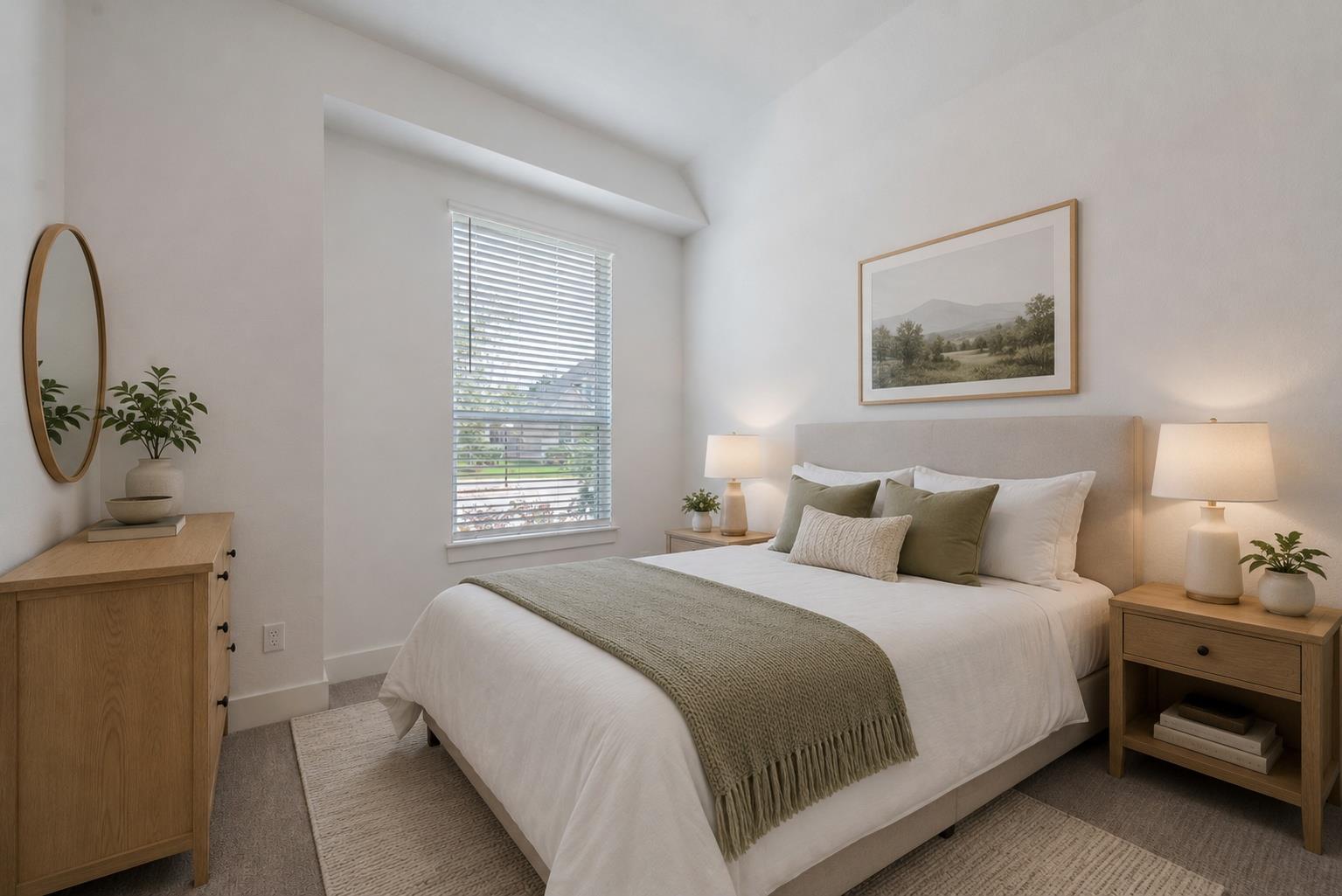 Staged bedroom with a white bed, olive accents, and a window with blinds.