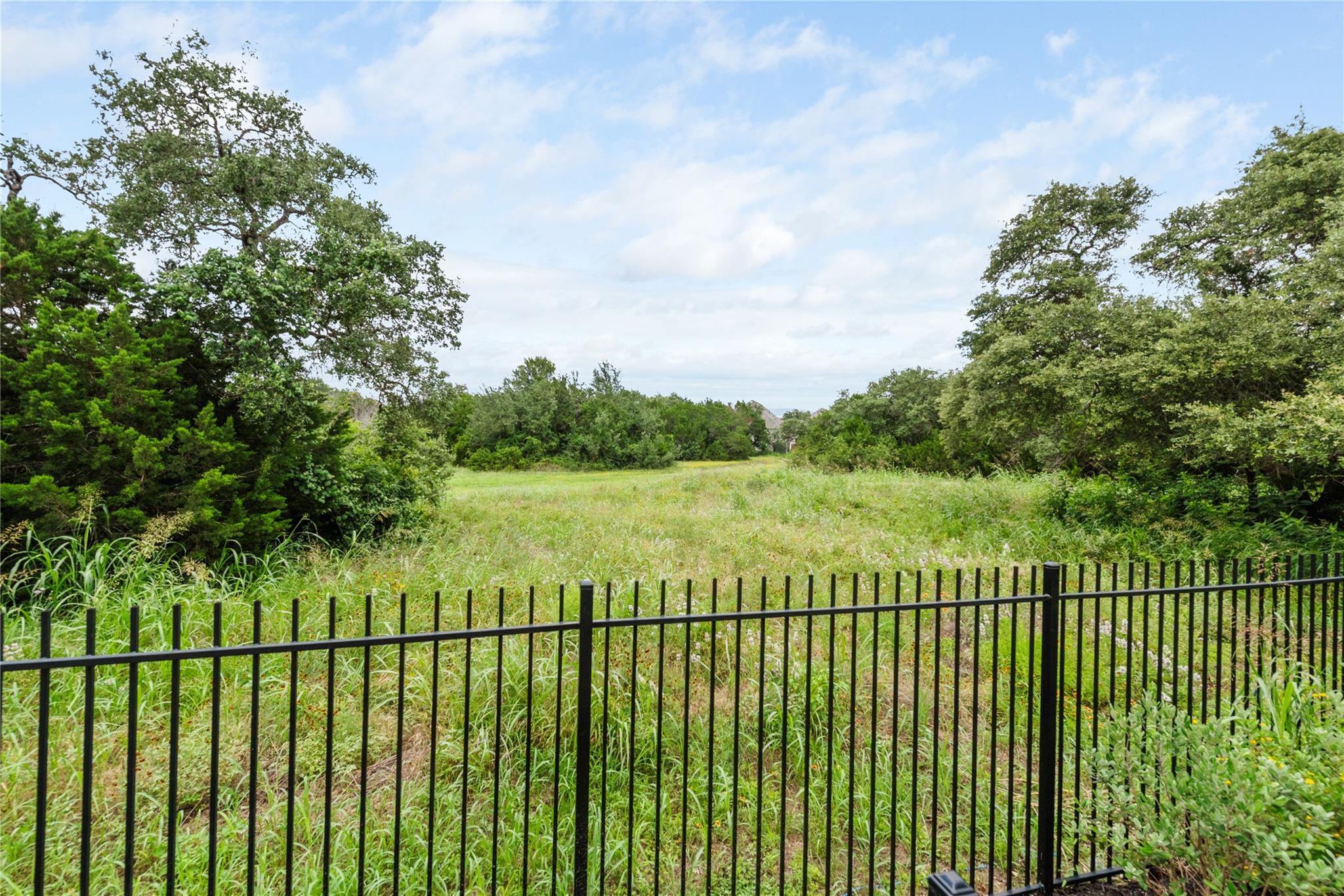Grassy, tree-lined lot behind a black metal fence.