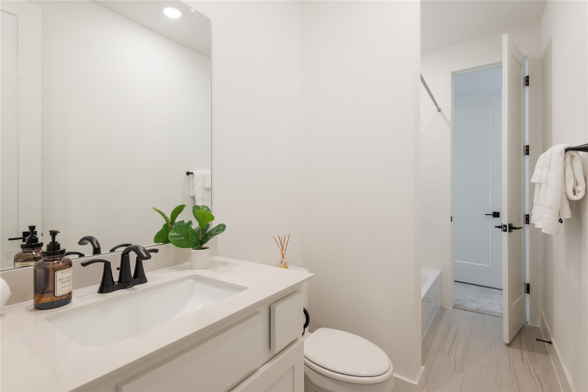 Bathroom vanity with black fixtures and a toilet beside an open doorway to the shower.