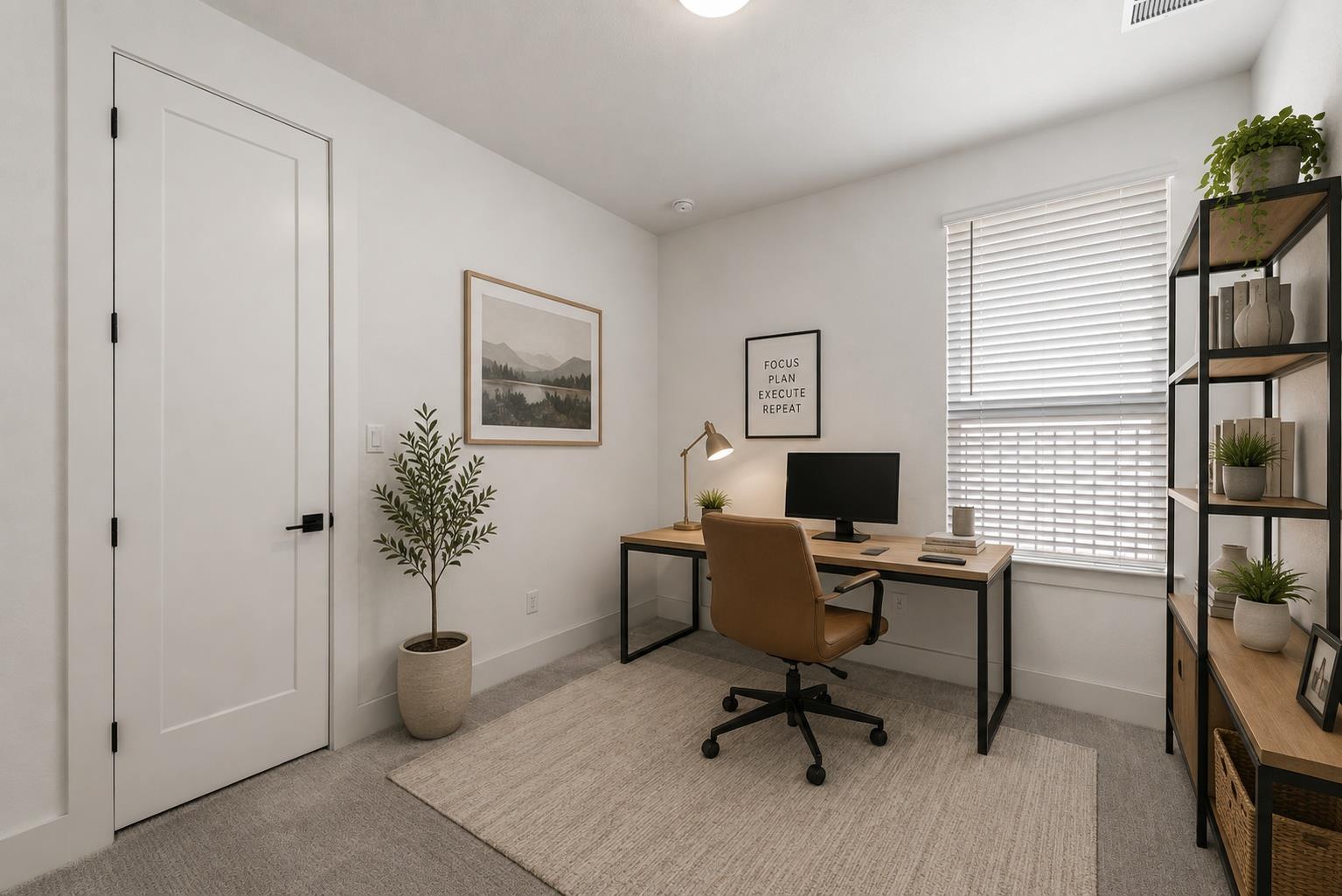 Home office with a desk, leather chair, and shelving beside a wide window.
