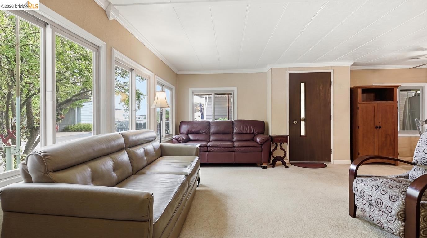 Living room with leather sofas, a patterned armchair, and large windows.