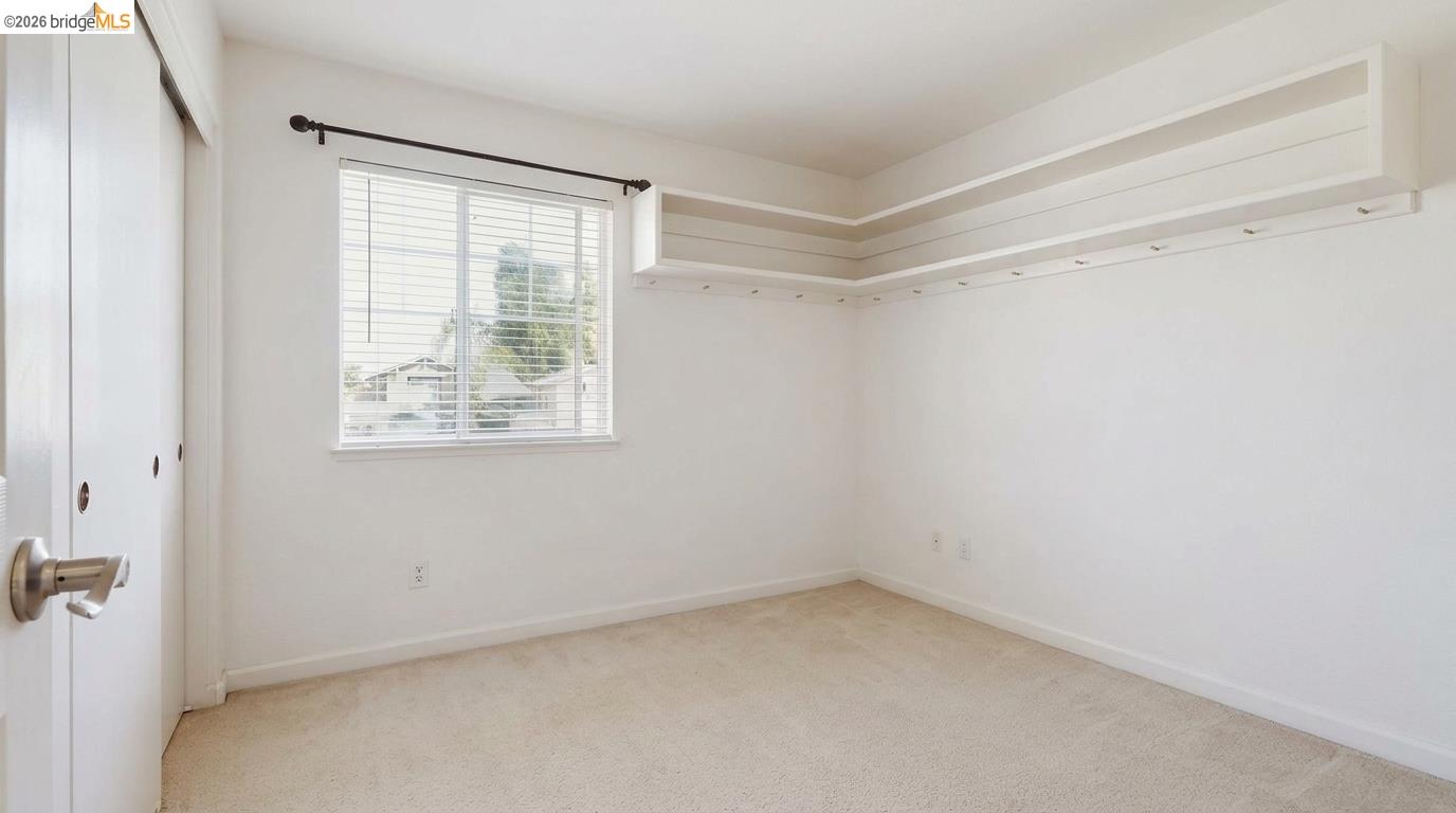 Empty carpeted bedroom with built-in wraparound shelves and a window with blinds.
