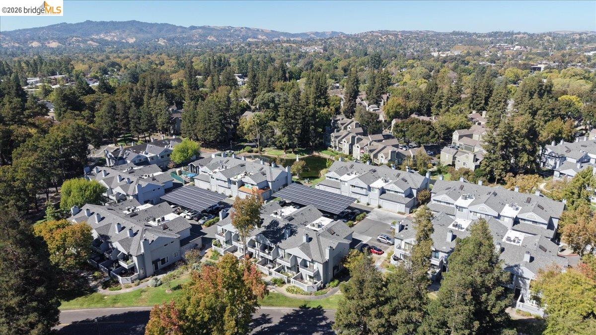 Aerial view of homes with rooftop solar panels, mature trees, and distant hills.