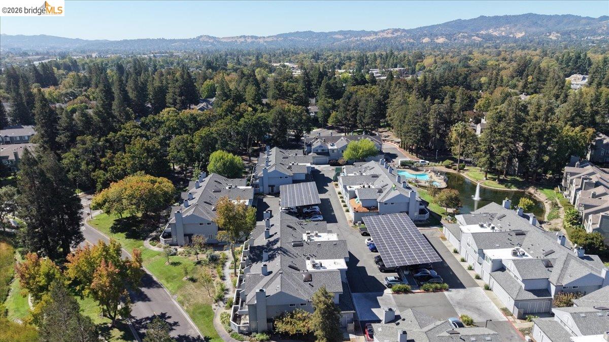 Aerial view of homes with solar panels beside a pond, backed by wooded hills and distant mountains.