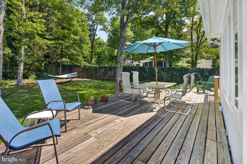 Backyard deck with outdoor dining set, lounge chairs, and turquoise umbrella overlooking a leafy yard.