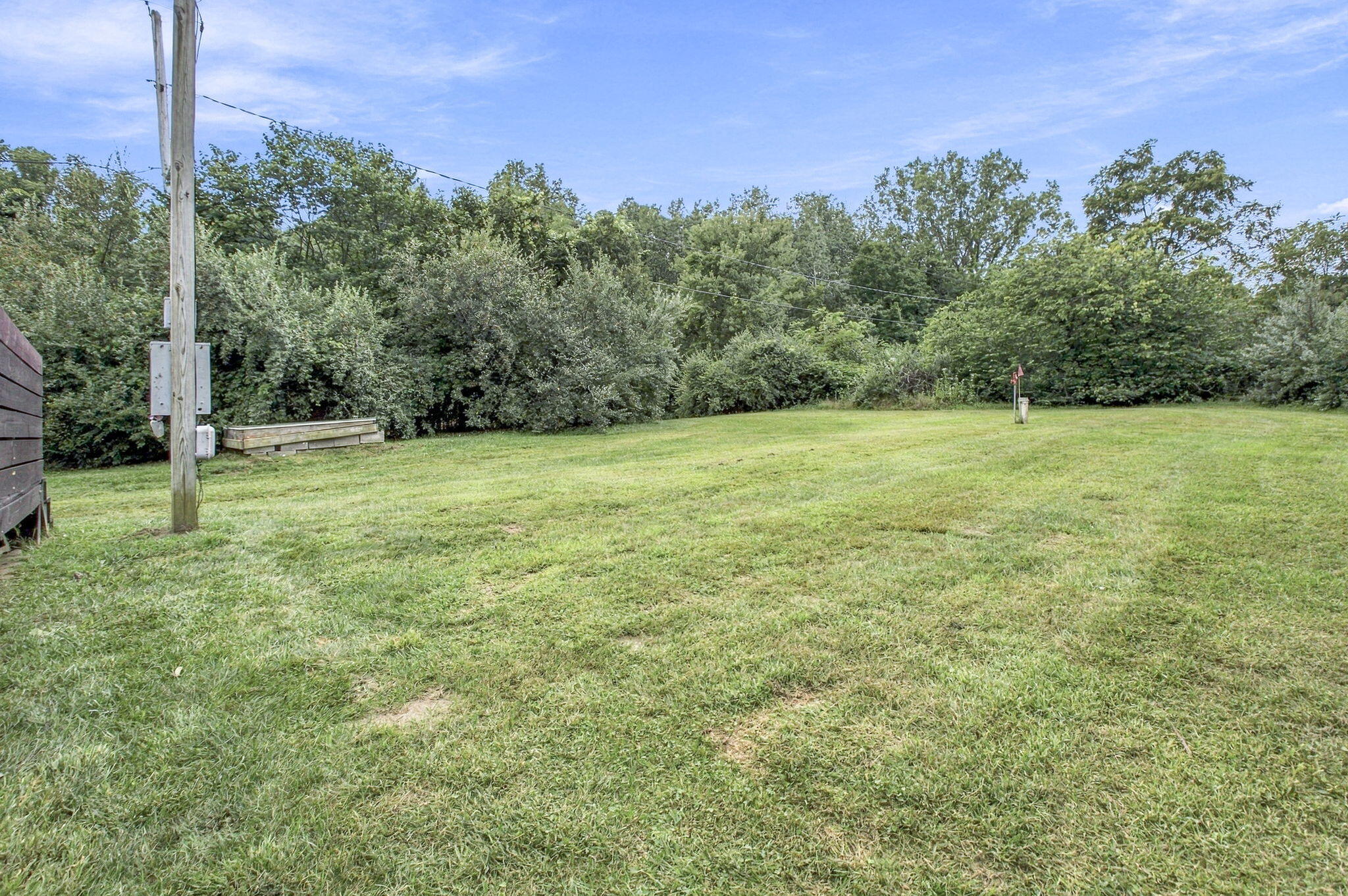 Grassy yard bordered by dense trees, with a utility pole and wooden platform.