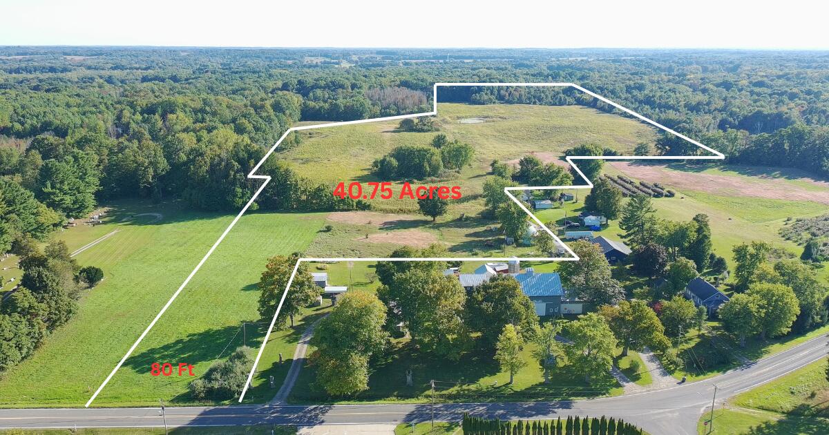 Aerial view of 40.75-acre property outlined in white, with fields, woodland, and road frontage.