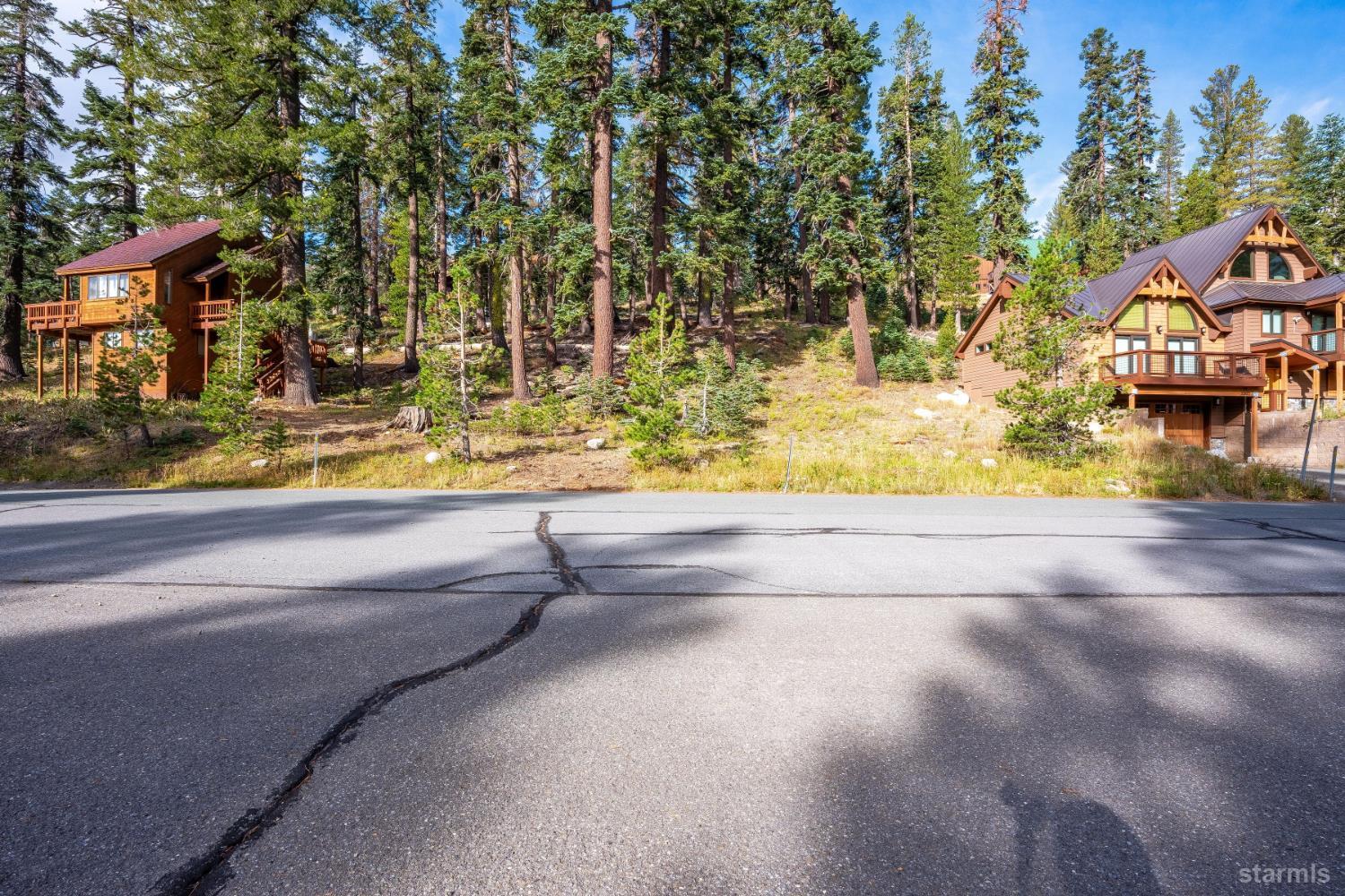 Two wood-sided homes with balconies sit among tall pines across a paved road.