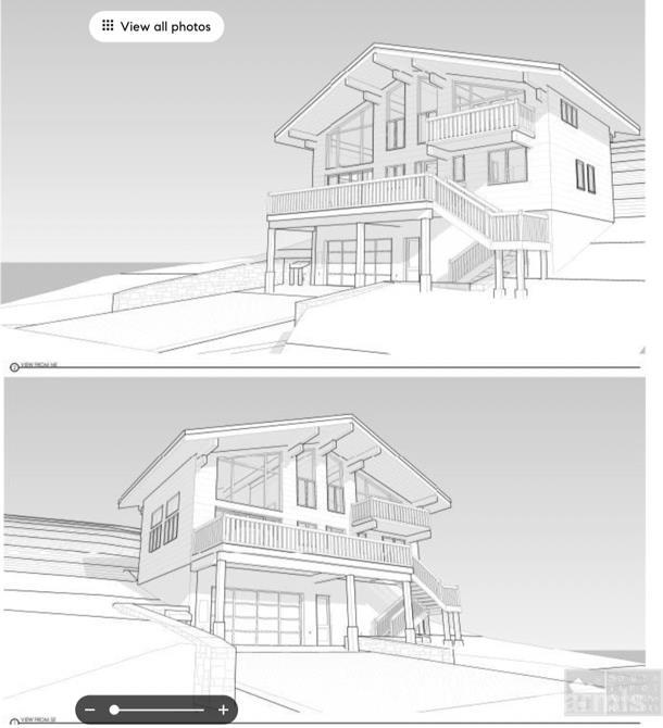Architectural drawings show two exterior views of a multi-story house with decks and exterior stairs.