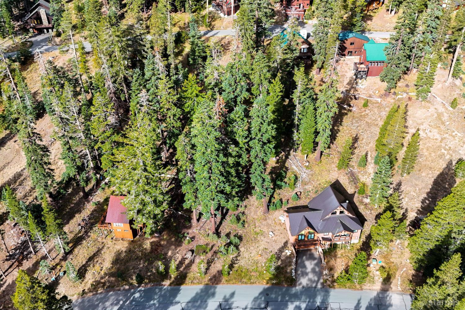 Aerial view of a mountain home among evergreens, with a driveway leading to the road.