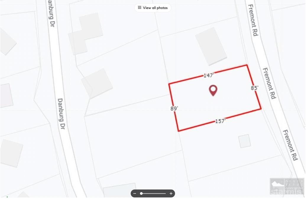 Property parcel outlined in red on Fremont Road, with boundary lengths marked.