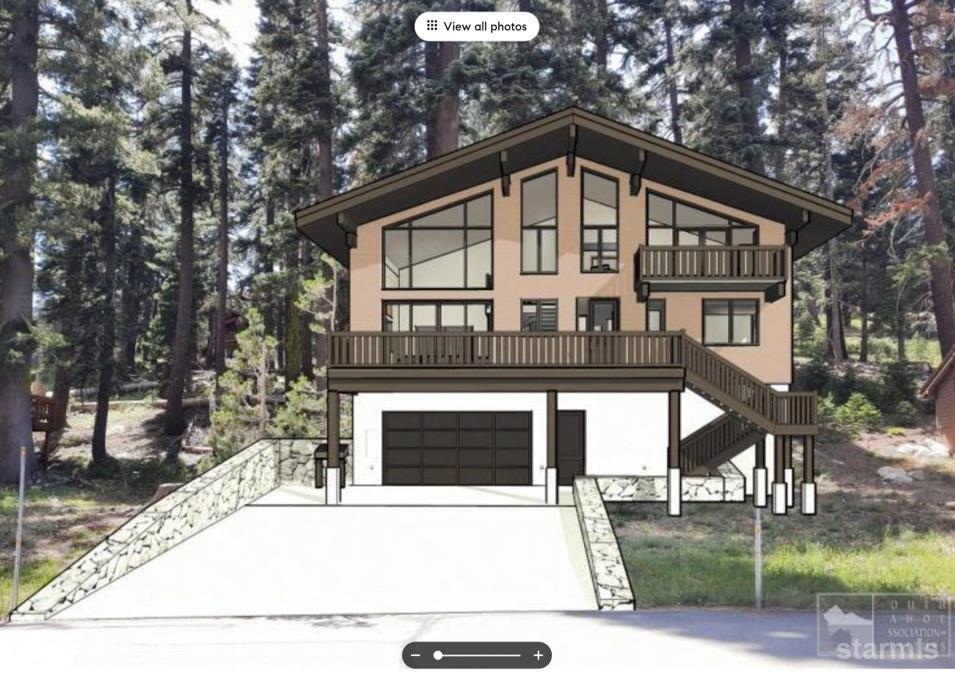 Rendered mountain home with a broad driveway, garage, balconies, and exterior stairs among pine trees.