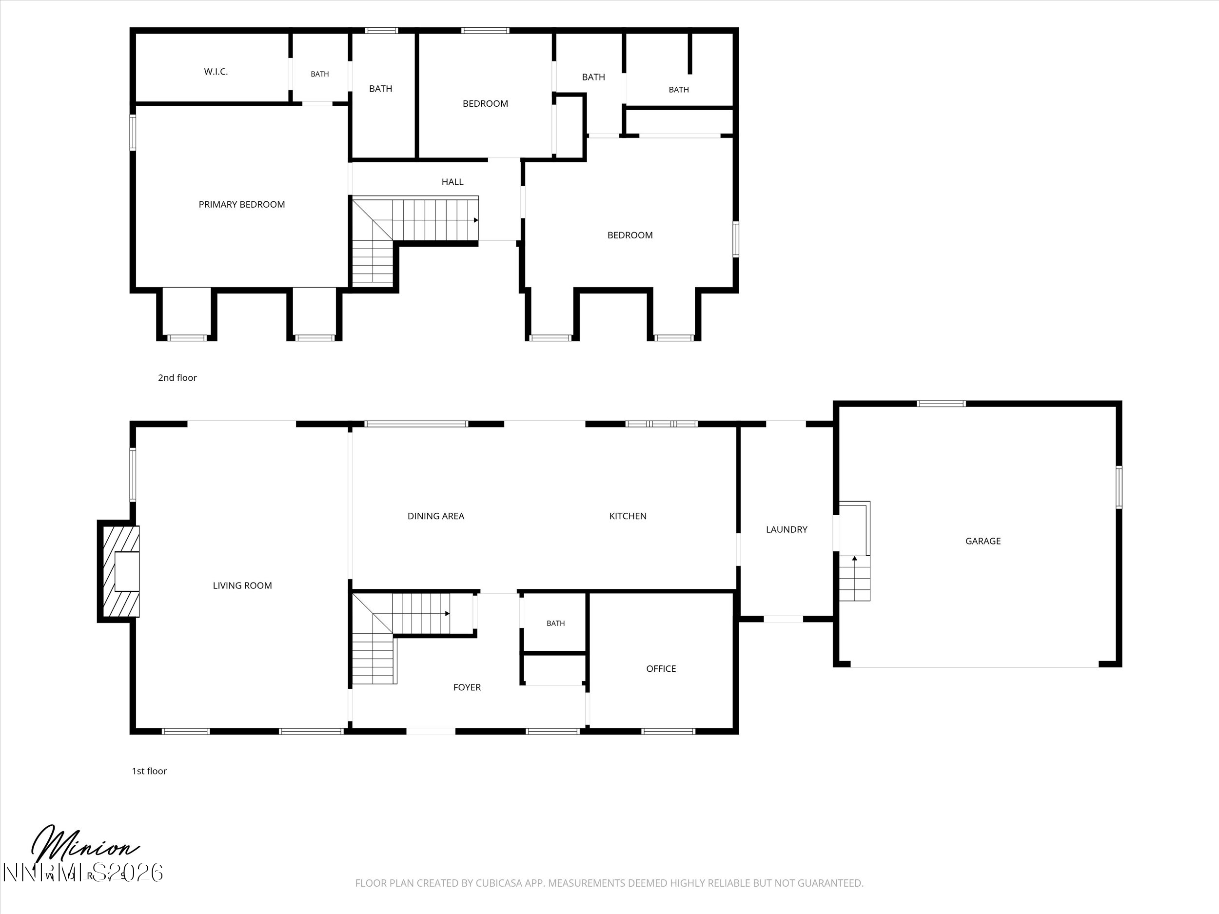 Two-story floor plan with three bedrooms, multiple bathrooms, living and dining areas, kitchen, office, and garage.