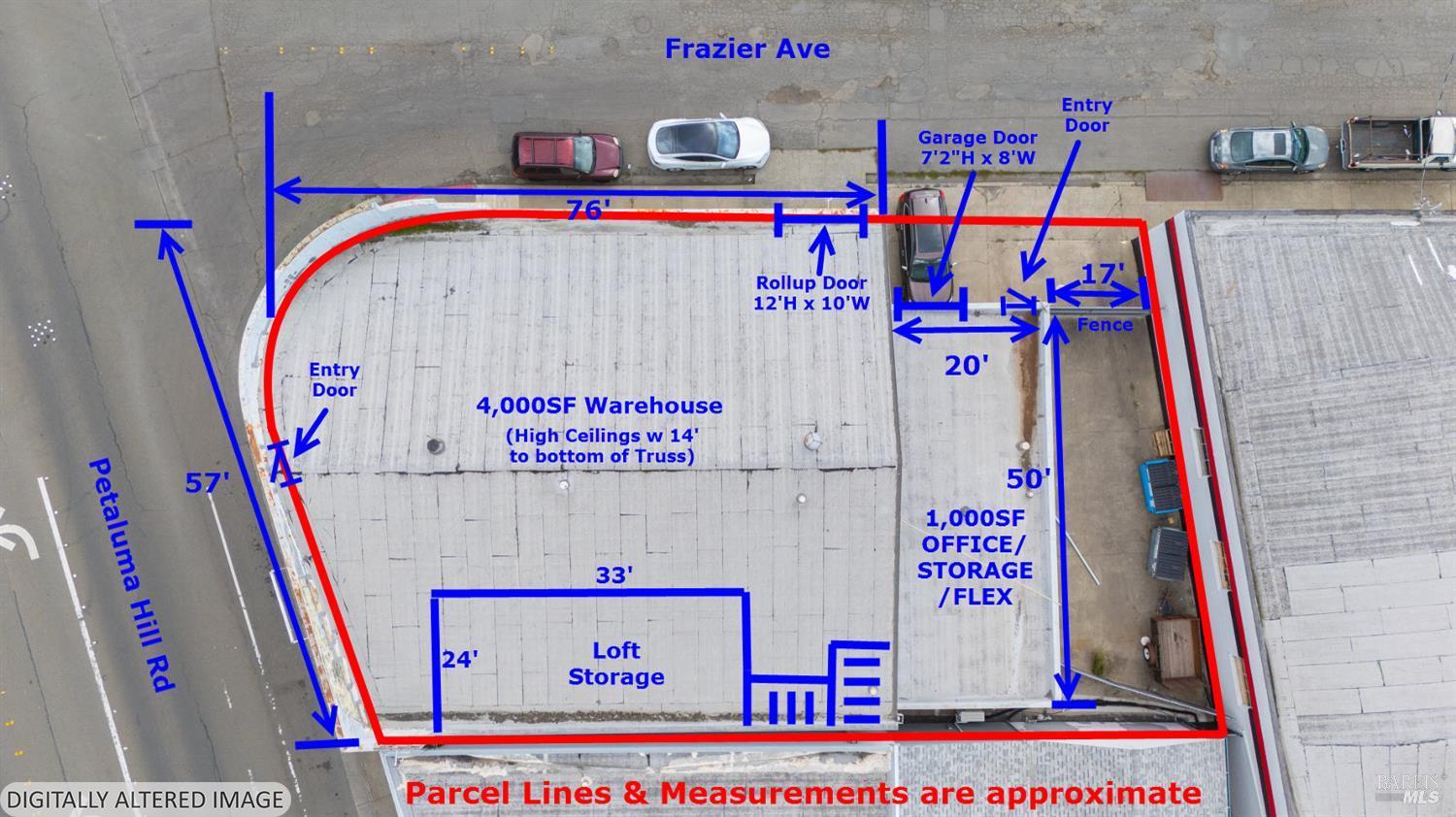 Aerial map marking warehouse parcel boundaries, dimensions, doors, and access from Petaluma Hill Road and Frazier Avenue.