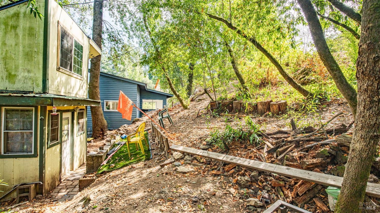 Wooded hillside yard beside two small buildings, with mature trees and outdoor seating.