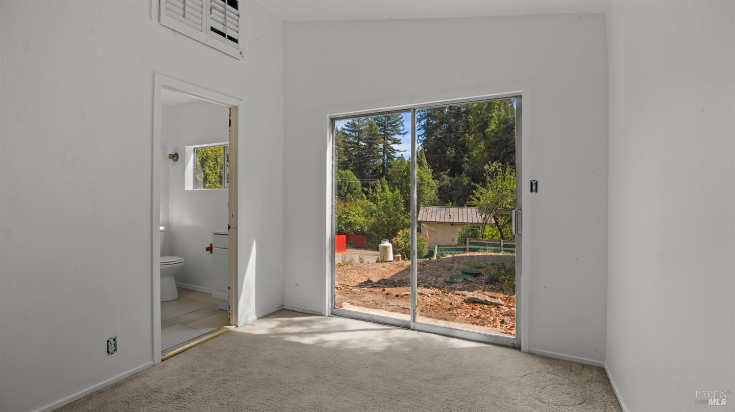 Empty carpeted bedroom with a sliding glass door overlooking trees and a bathroom doorway.