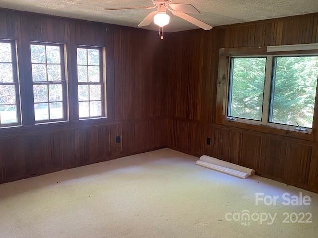 Vacant wood-paneled room with light carpet, several windows, and a ceiling fan.