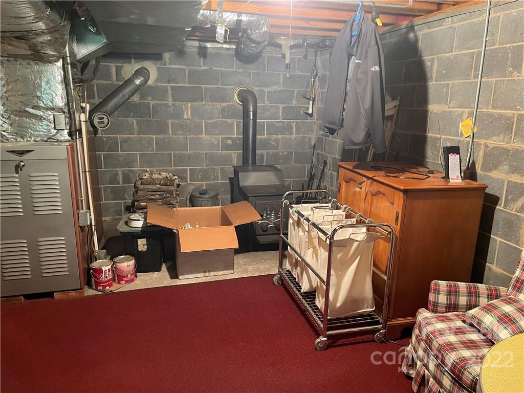 Basement utility area with a furnace, wood-burning stove, and storage cabinet.