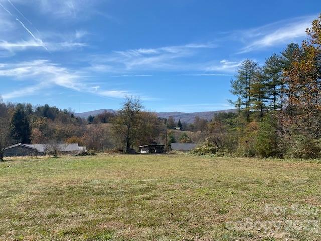 Open grassy tract with wooded edges and distant mountain views under a blue sky.