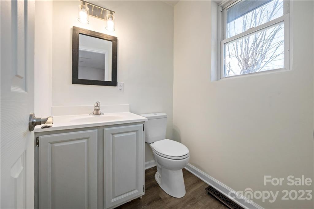 Bathroom with a white vanity, toilet, wood-look floor, and a window overlooking bare trees.