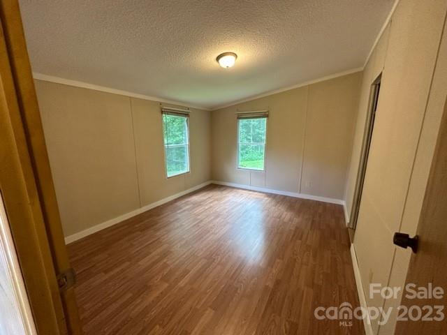 Vacant room with wood-look flooring, tan walls, and two windows.