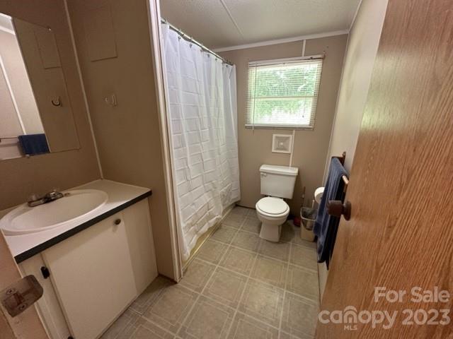Bathroom with a white sink vanity, toilet, and curtained shower beside a window.