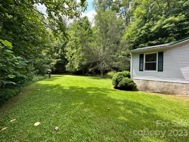 Grassy yard bordered by trees beside a light-colored house.