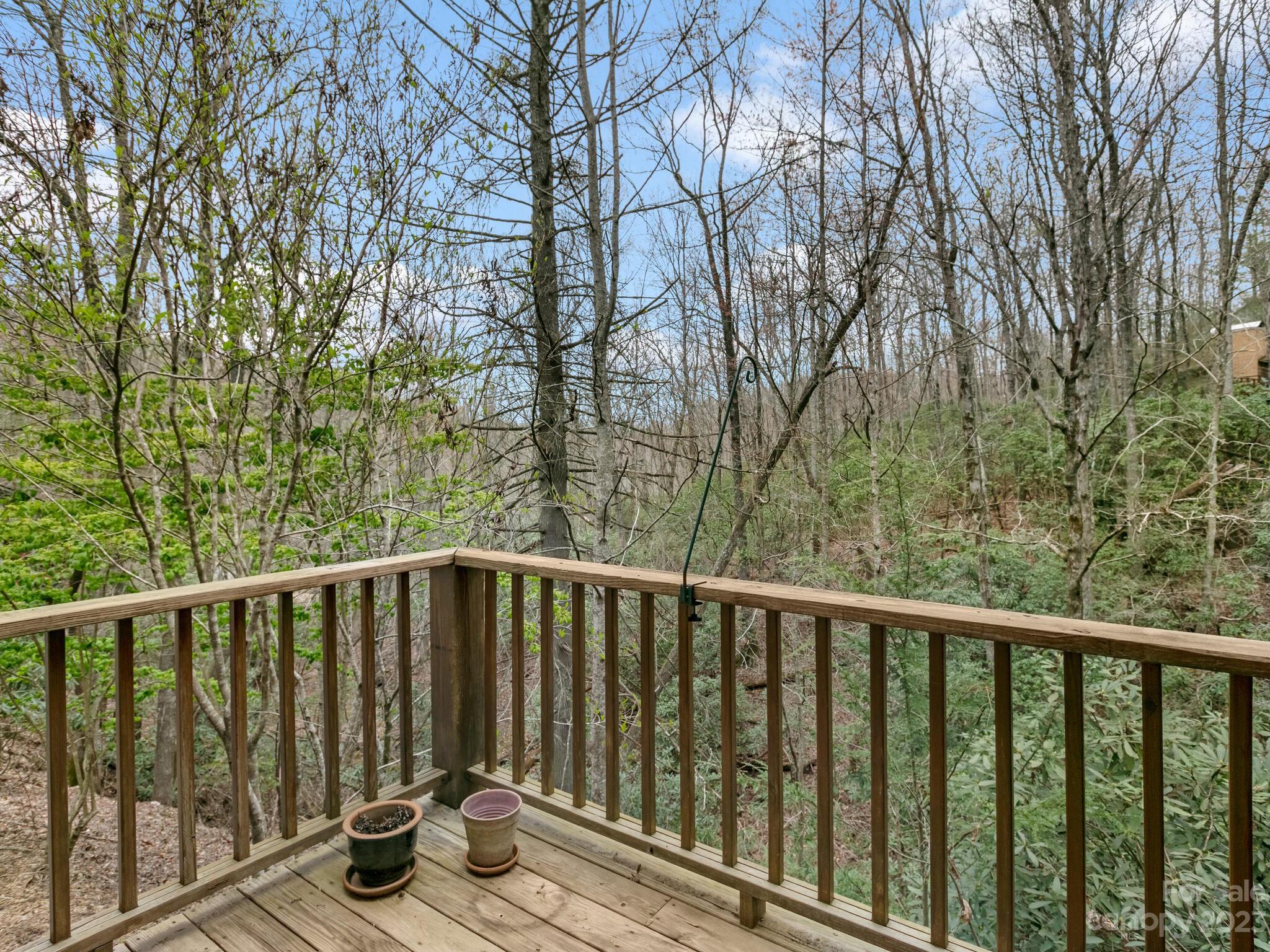 Wooden deck overlooking a wooded hillside, with two potted plants by the railing.