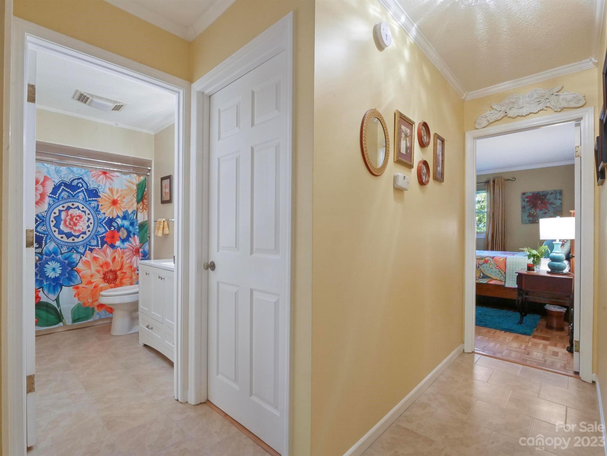 Hallway connecting a bathroom with a colorful floral shower curtain to a furnished bedroom.