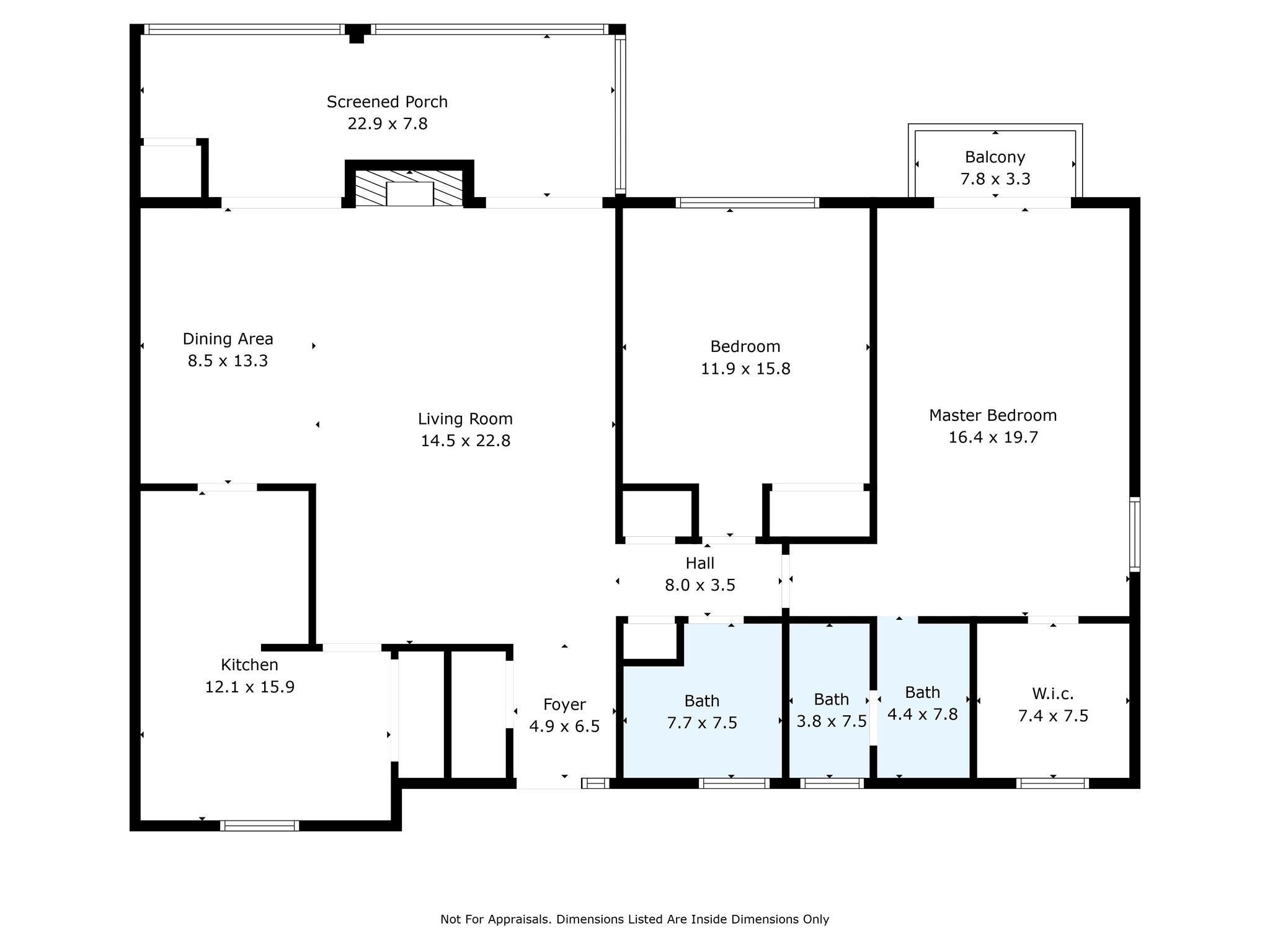 Two-bedroom home floor plan with a screened porch, balcony, three baths, and labeled room dimensions.