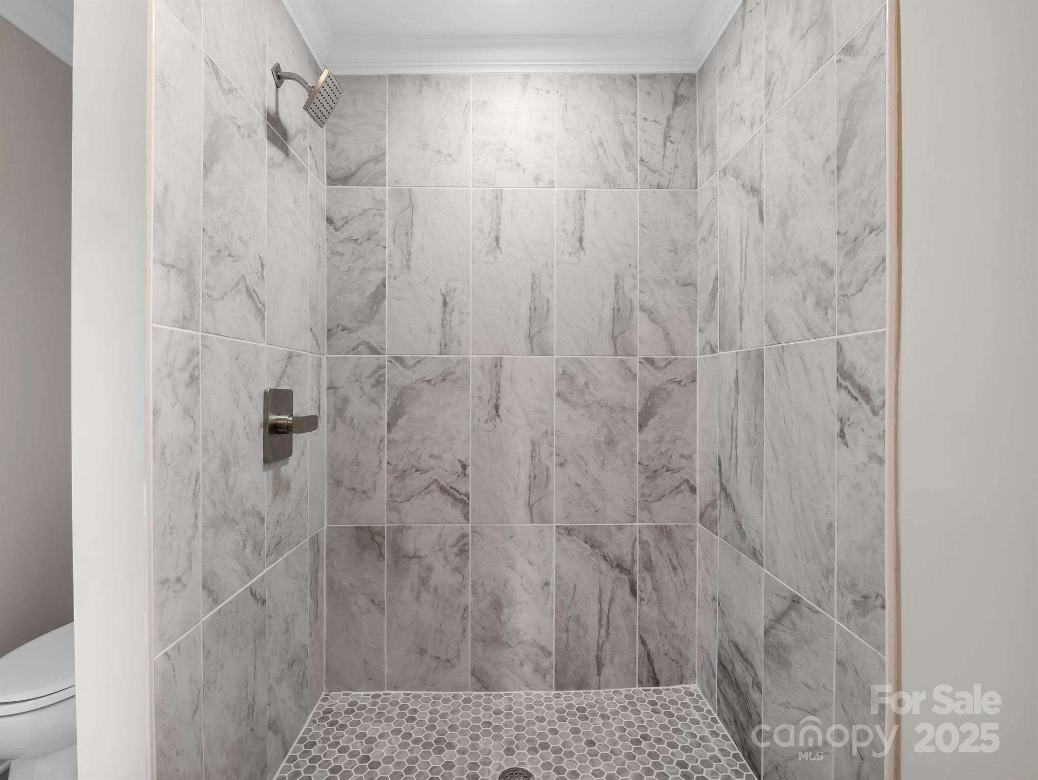 Walk-in shower with gray marble-pattern tiles and a hexagonal mosaic floor, with a toilet partly visible beside it.