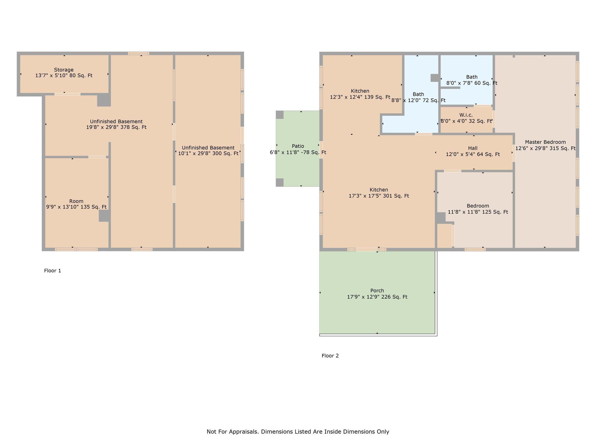 Two-floor house plan with labeled rooms, dimensions, unfinished basement, patio, and porch.