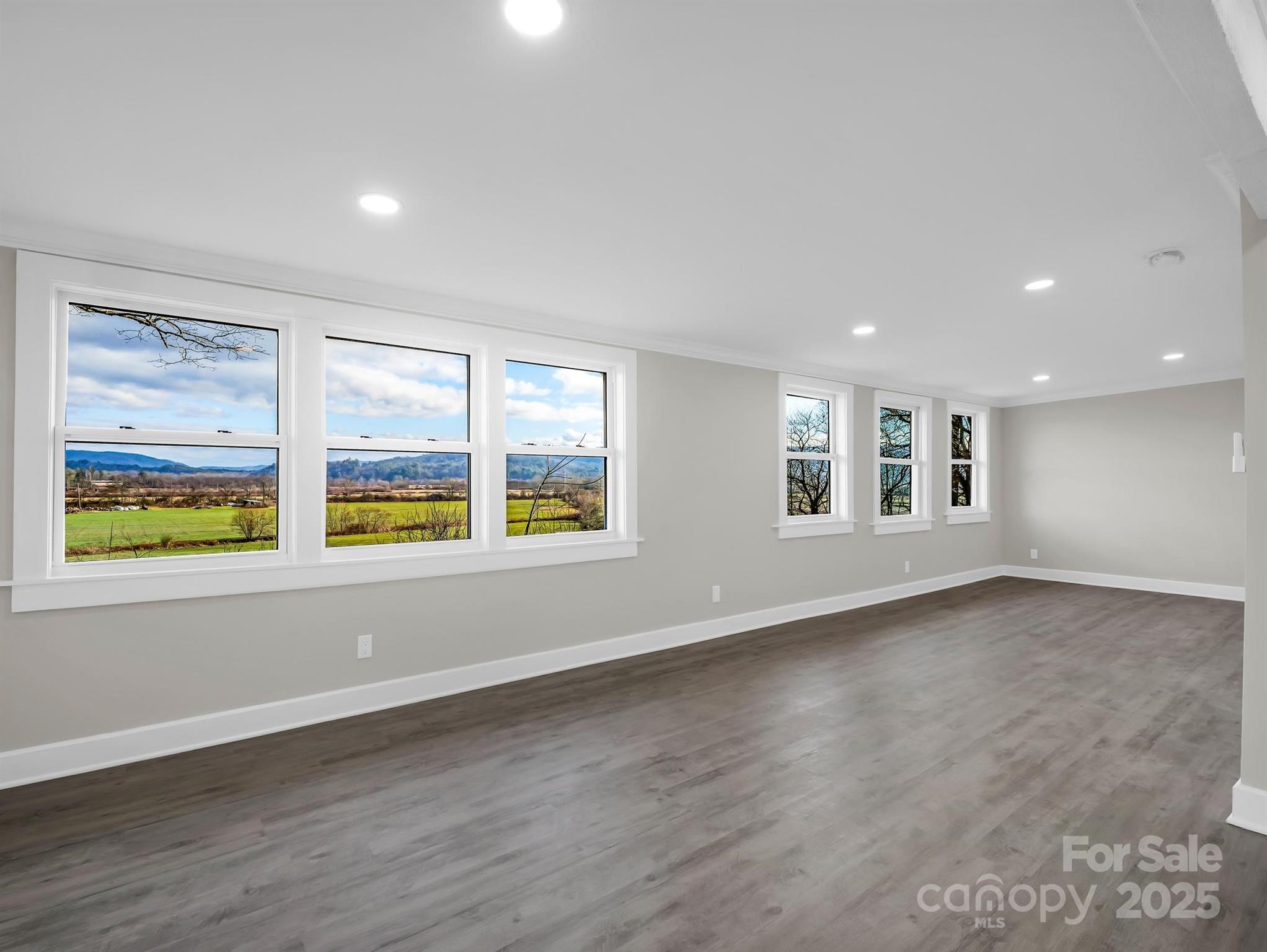 Vacant room with gray plank flooring and wide windows framing fields and distant mountains.
