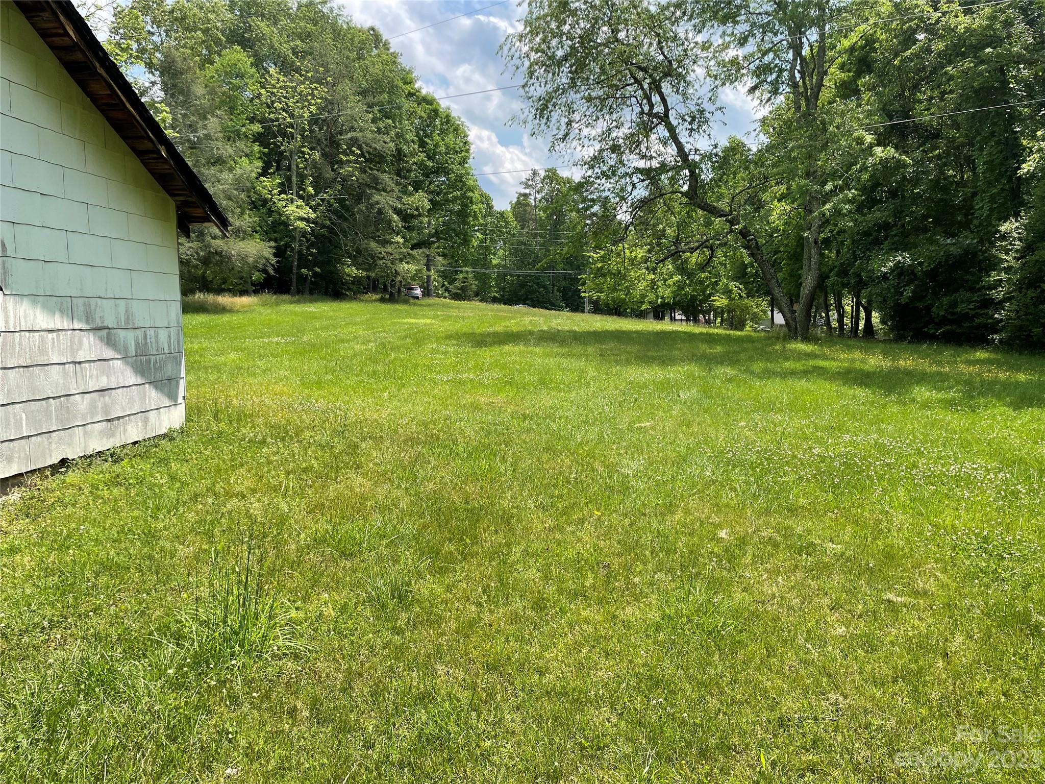 Grassy yard beside a house, bordered by mature trees.