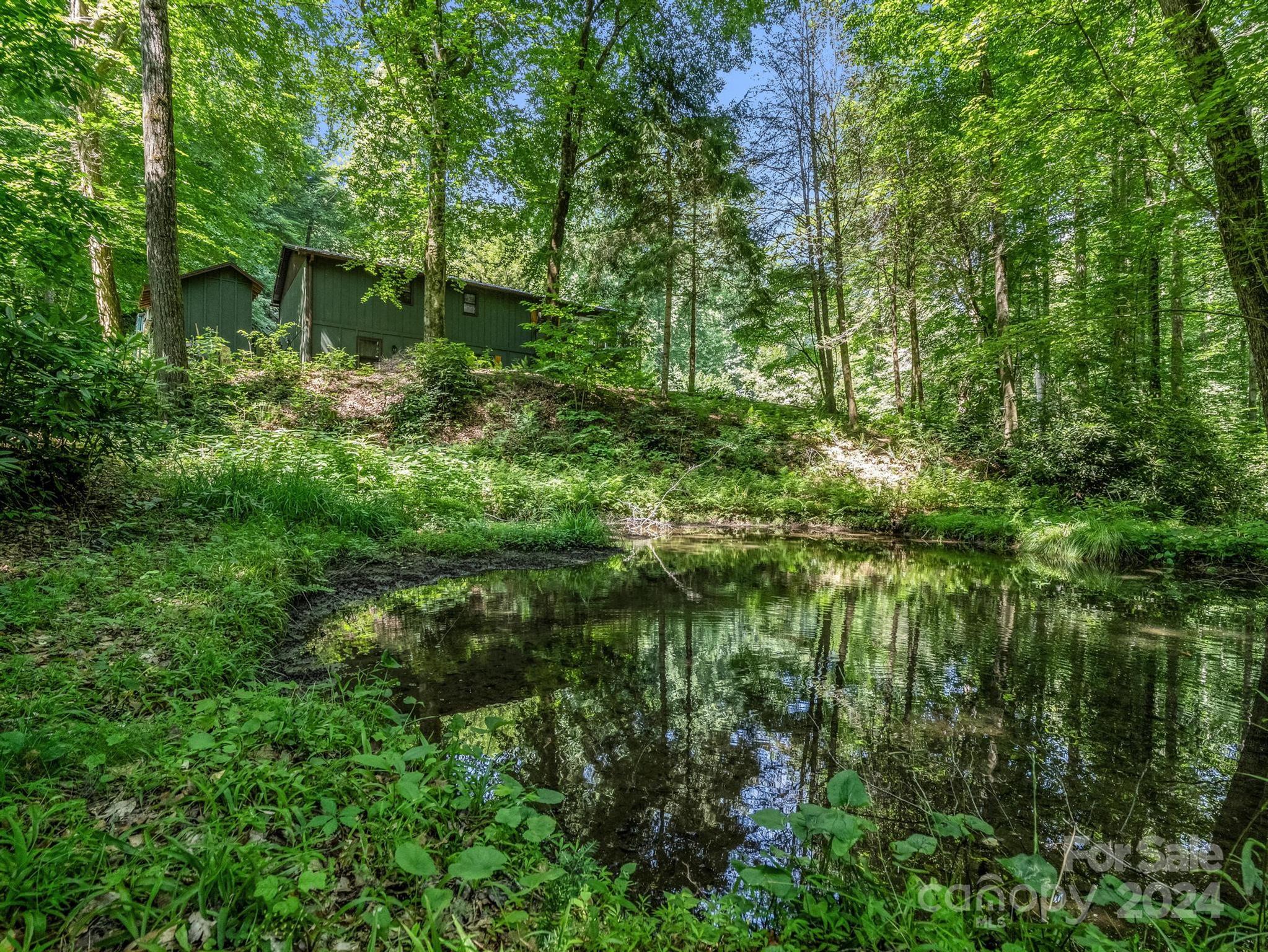 Dark green house nestled in woodland above a reflective pond.